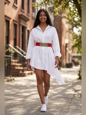 Red Stretch Waist Belt with Ornate Bronze Detail